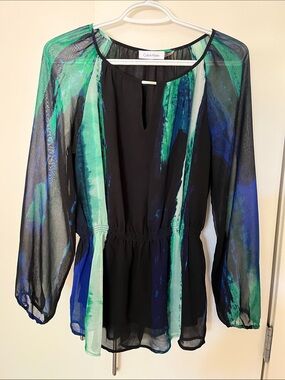 Flowy Calvin Klein Black Blouse Tunic with Green and Blue Accents